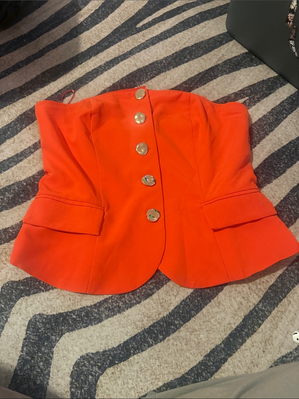 Fashion Nova Strapless Orange Peplum Blazer with Gold Buttons